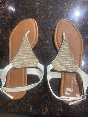 Madeline Stuart White and Tan Rhinestone T-Strap Sandals